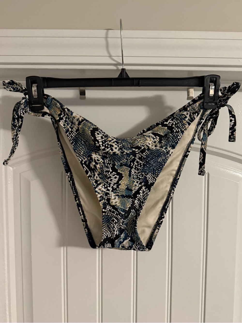Shade & Shore Snake Print Tie-Side Bikini Bottoms in Navy, Black & Cream